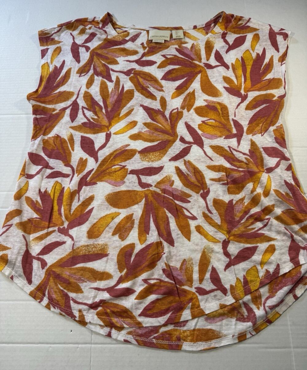 Cynthia Rowley Women’s Floral Round Neck Sleeveless 100% Linen Knit Tank L